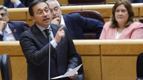 El ministro de Asuntos Exteriores, José Manuel Albares, durante su intervención en la sesión de control del Senado, este martes en Madrid.