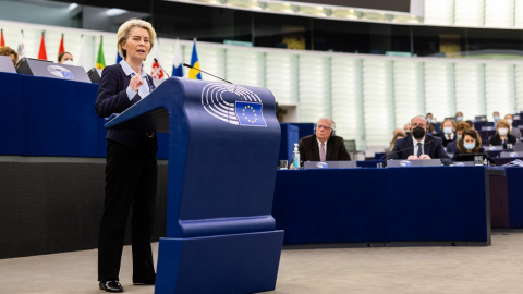 03/05/2022. La presidente de la Comisión Europea, Úrsula Von der Layen, durante un pleno del Parlamento Europeo, a 6 de abril de 2022 en Estrasburgo (Francia).