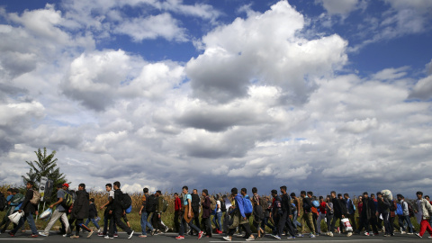 Varios cientos de refugiados y migrantes parten hacia la frontera con Hungría, en Belgrado, Serbia. REUTERS / Marko Djurica