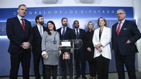 El presidente de Vox, Santiago Abascal, en el Congreso de los Diputados. EUROPA PRESS