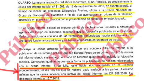 Fragmento del informe de la Fiscalía Anticorrupción que reconoce que la filtración del informe que es causa de las imputaciones se produjo 12 días antes de que fuera declarado secreto.