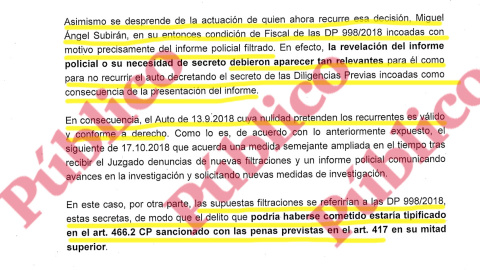 Fragmento del informe de Anticorrupción recriminando al fiscal Subirán que no hubiera recurrido las diligencias sobre la filtración, cuando no tuvo conocimiento de ellas porque fueron incoadas en secreto por el juez Florit,