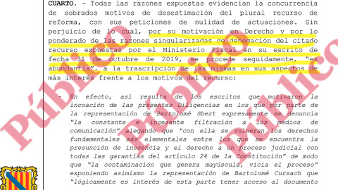 Fragmento del auto de la jueza del Instrucción 12 de Palma elogiando las "razones" expuestas por la Fiscalía en su escrito plagado de errores.