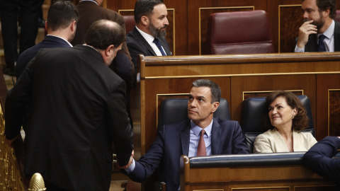 Oriol Junqueras saludando a Pedro Sánchez en el Congreso con Abascal y Espinosa de los Monteros al fondo. / EP