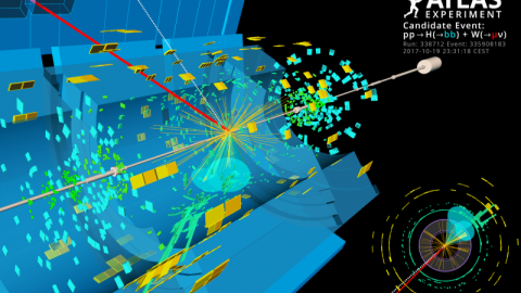 Representación de uno de los sucesos detectados en el LHC que indican la desintegración de un bosón de Higgs en quarks b./ATLAS/CERN