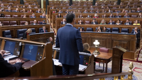 El presidente del Gobierno, Pedro Sánchez, durante la sesión de control en el Congreso de los Diputados. E.P./Alberto Ortega