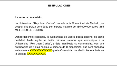 Captura de pantalla del "contrato de póliza a corto plazo" entre la Consejería de Hacienda y Función Pública de la Comunidad de Madrid y la Rey Juan Carlos. El contrato completo al final del artículo. / PÚBLICO