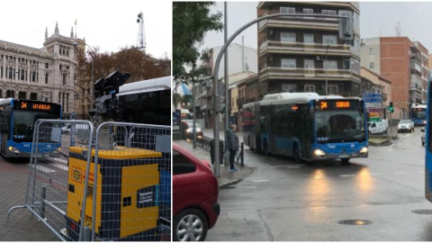 Dos buses seguidos en Cibeles (a la izquierda) y tres en la plaza de la Emperatriz, en Carabanchel. / AVCA