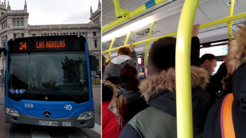 El bus 34 de la EMT, que comunica la plaza de Cibeles y Carabanchel Alto, a rebosar. / H. M.