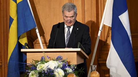 17/05/2022 - El Presidente de Finlandia, Sauli Niinisto, hace una declaración en Estocolmo, Suecia, este martes tras la firma de la solicitud de ingreso en la OTAN de ambos países.