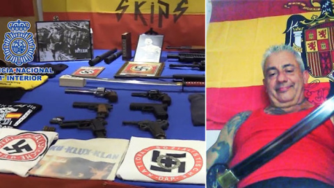 Las armas incautadas en el domicilio de Vicente Casinos, que posa con una catana y una bandera franquista.