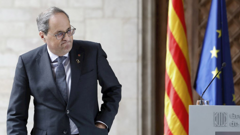 El presidente de la Generalitat, Quim Torra, durante su comparecencia en la Galería Gótica del Palau de la Generalitat. - EFE