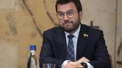 El president de la Generalitat, Pere Aragonès, durante la reunión semanal del Govern celebrada el martes 17 de mayo de 2022.