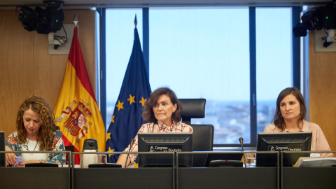 18/05/2022.- La exvicepresidenta del Gobierno y presidenta de la Comisión de Igualdad, Carmen Calvo, este miércoles durante el debate y votación de la ley del 'sólo sí es sí' en el Congreso. EFE/ Miguel Osés