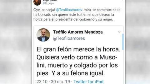 Teófilo Amores, concejal no adscrito del Ayuntamiento de Cáceres publica un tuit deseando la muerte a Pedro Sánchez.