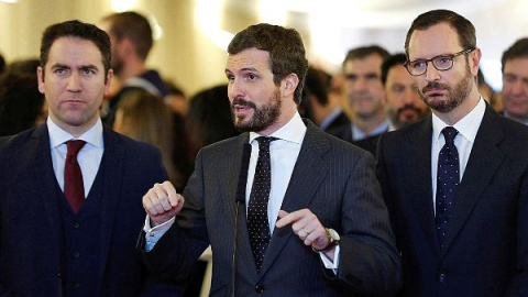 Teodoro García Egea, Pablo Casado y Javier Maroto durante el acto por el aniversario de la Constitución. EFE