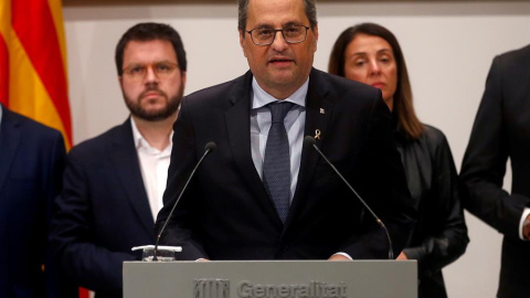 GRAF6409 BARCELONA.3/1/2020.- El presidente de la Generalitat de Cataluña, Quim Torra, durante su comparecencia ante los medios tras la reunión extraordinaria del ejecutivo catalán después de que Junta Electoral Central haya acordado este viernes orde