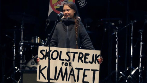 Greta Thunberg, durante su intervención en el cierre de la Marcha por el Clima de Madrid. / EFE