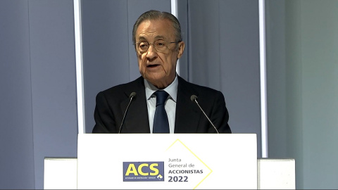 El presidente de ACS, Florentino Pérez, durante su intervensión en la junta de accionistas de la constructora, en Madrid.