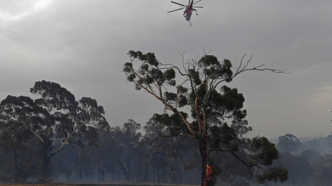 Un helicóptero sobrevuela un área devastada por los incendios en Australia. REUTERS