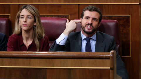 El presidente del PP, Pablo Casado, le hace un gesto a la bancada socialista, durante la intervención de la portavoz de EH Bildu en el Congreso de los Diputados, Mertxe Aizpurua. EUROPA PRESS/ Jesús Hellín