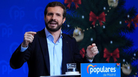 MADRID, 14/12/2019.- El presidente del PP, Pablo Casado, interviene durante la comida de Navidad del PP de Madrid, a la que han asistido entre otros la presidenta de la Comunidad de Madrid, Isabel Díaz Ayuso, y el alcalde de la capital, José Luis Martí