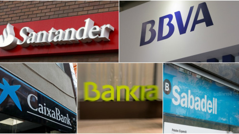 Los logos de los cinco mayores bancos españoles: Banco Santander, BBVA, Caixabank, Bankia y Banco sabadell. EFE/E.P./REUTERS