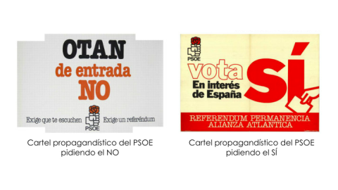 Carteles del PSOE en contra y a favor de la OTAN.