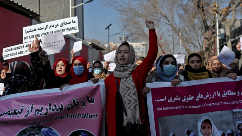 28/12/2021 Afganas protestan contra las restricciones impuestas por el régimen talibán a las mujeres en Kabul