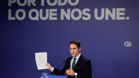 El secretario general del Partido Popular (PP), Teodoro García Egea, en rueda de prensa en la sede del partido tras la reunión del Comité de Dirección, este lunes, en Madrid. EFE/Emilio Naranjo