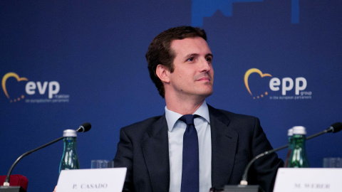 Pablo Casado, durante su intervención ante sus compañeros del Partido Popular Europeo. EFE/Tarek