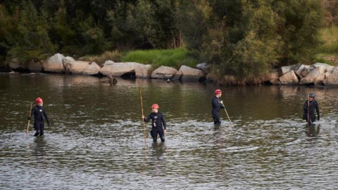 Agentes de los Mossos d'Escuadra y de los Bomberos, durante sus trabajos para encontrar al bebé en el río. / EFE