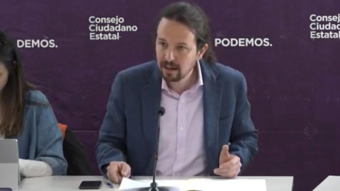 El secretario general de Podemos, Pablo Iglesias, durante su intervención.