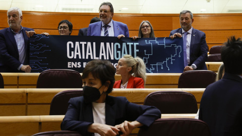 El grupo de Junts en el Senado despliegan una pancarta sobre los supuestos espionajes del Estado a políticos y activistas independentistas catalanes conocido como 'Catalangate' o caso Pegasus, antes de la sesión de control del Senado hace pocos días.