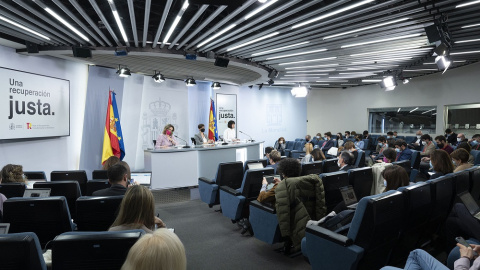 Imagen de una rueda de prensa del Consejo de Ministros en Moncloa durante el pasado mes de marzo.