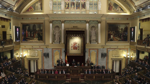 Vista del Hemiciclo del Congreso de los Diputados durante el discurso del rey Felipe VI en la solemne sesión de apertura de la XII Legislatura, el 18 de noviembre de 2016. EFE/J.J.Guillén