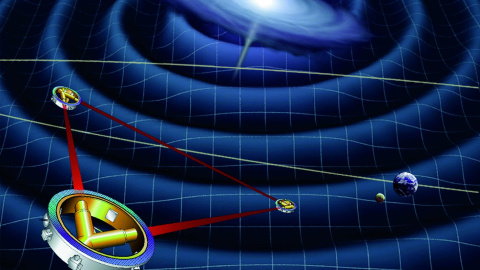 Esquema de LISA detectando ondas gravitacionales procedentes de una galaxia lejana.