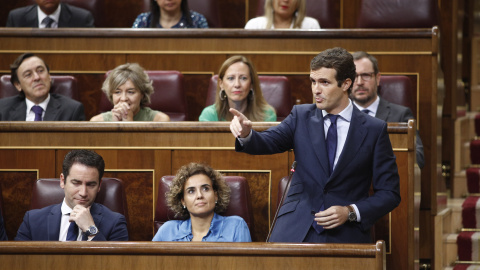 El presidente del PP, Pablo Casado, durante la sesión de control al Gobierno en el Congreso el pasado 12 de septiembre - Europa Press