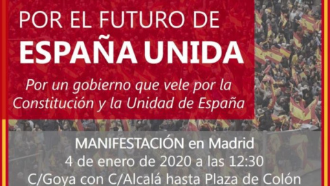 Cartel de la convocatoria 'Por una España Unida' que se celebrará este sábado 4 de enero en Madrid.