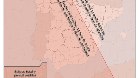 En la mitad este de la Península la luna se ocultará antes de que acabe la fase de totalidad del eclipse, y en la zona occidental antes de que termine la fase de parcialidad. En Canarias serán visibles ambas.