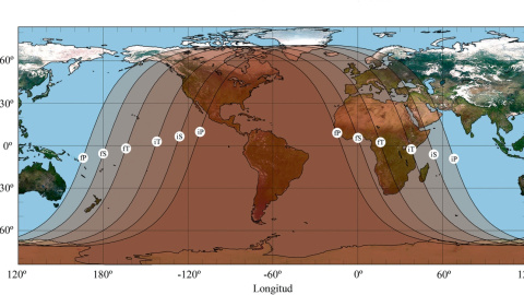 Visibilidad del eclipse lunar en el mundo. La zona en que será visible la totalidad viene delimitada por la parte interna de las curvas etiquetadas con iT y fT.