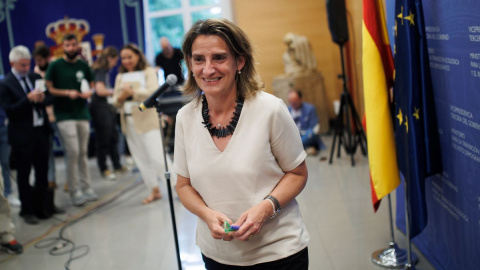 La vicepresidenta tercera del Gobierno Teresa Ribera ofrece declaraciones a los medios de comunicación en el Ministerio para la Transición Ecológica, a 8 de junio de 2022, en Madrid.