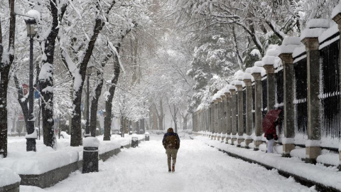 Vista del Paseo del Prado en Madrid, este sábado, cubierto de nieve tras el paso de la borrasca Filomena.