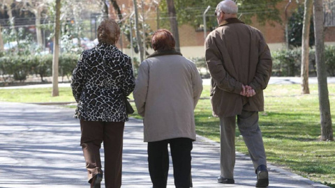 Unos pensionistas pasean por un parque en Madrid. E.P.