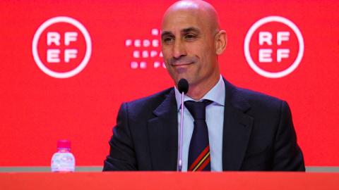 19/05/22. El presidente de la Real Federación Española de Fútbol, Luis Rubiales, durante una rueda de prensa en Madrid, a 20 de abril de 2022.