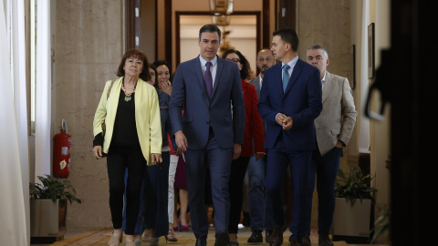 El presidente del Gobierno, Pedro Sánchez (c), junto con la número dos del partido, Cristina Narbona (3i) y su portavoz en el Congreso, Héctor Gómez (3d) antes de su encuentro este miércoles con diputados y senadores del PSOE