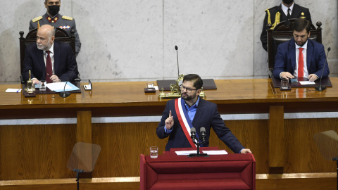 02/06/2022 - Fotografía cedida por Presidencia de Chile que muestra al presidente de Chile, Gabriel Boric, mientras habla durante su primera cuenta pública ante la nación en el Congreso Nacional en Valparaiso (Chile).