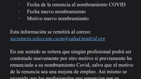 Correo electrónico para contestar con los nombres de los sanitarios que se niegan a ser trasladados al Zendal.