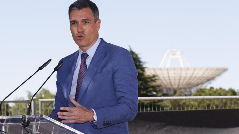 El presidente del Gobierno, Pedro Sánchez, durante la clausura del acto de presentación del Proyecto Estratégico para la Recuperación y Transformación Económica (PERTE) Aeroespacial, este jueves.