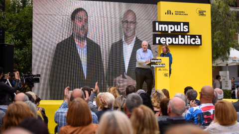 El míting d'ERC a Sant Vicenç dels Horts, amb Junqueras i Romeva intervint per videoconferència. MARC PUIG